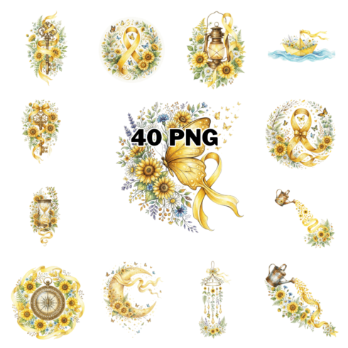 Watercolor Yellow Ribbons Sublimation Clipart Bundle cover image.