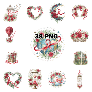 Watercolor Red Ribbon Healthcare Awareness Sublimation Clipart Bundle cover image.