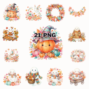 Colorful Pumpkin Ghost Autumn Florals Sublimation Clipart Bundle cover image.
