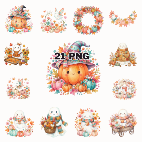 Colorful Pumpkin Ghost Autumn Florals Sublimation Clipart Bundle cover image.