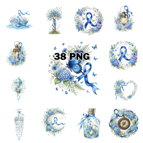 Watercolor Blue Ribbon Sublimation Clipart Bundle cover image.