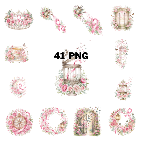 Breast Cancer Awareness Pink Ribbon Sublimation Clipart Bundle cover image.