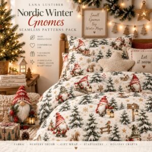 Nordic Winter Gnomes & Snowy Forest | Watercolor Christmas Seamless Patterns cover image.