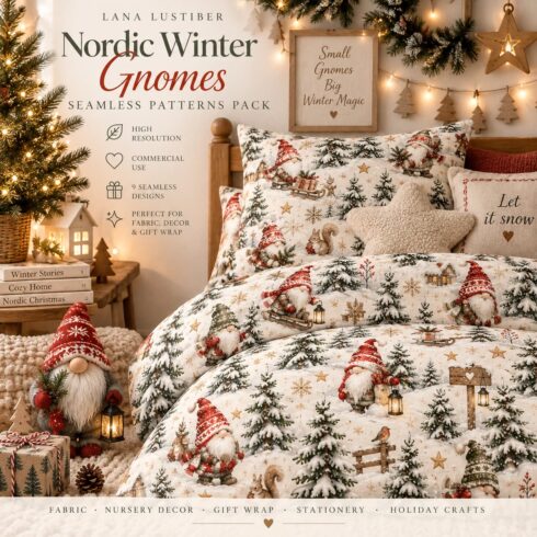 Nordic Winter Gnomes & Snowy Forest | Watercolor Christmas Seamless Patterns cover image.