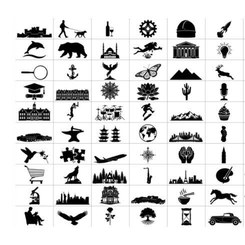Mega Silhouette Bundle: 100 Black Vector Icons - Architecture, Animals, People, Travel & Objects cover image.