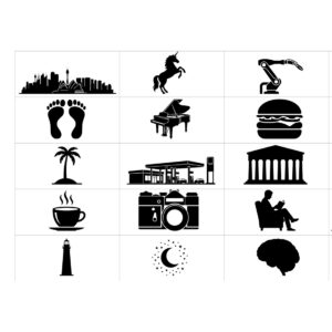 20 Black Vector Icons Pack: Architecture, Music, Robot Arm, Nature & Everyday Elements cover image.