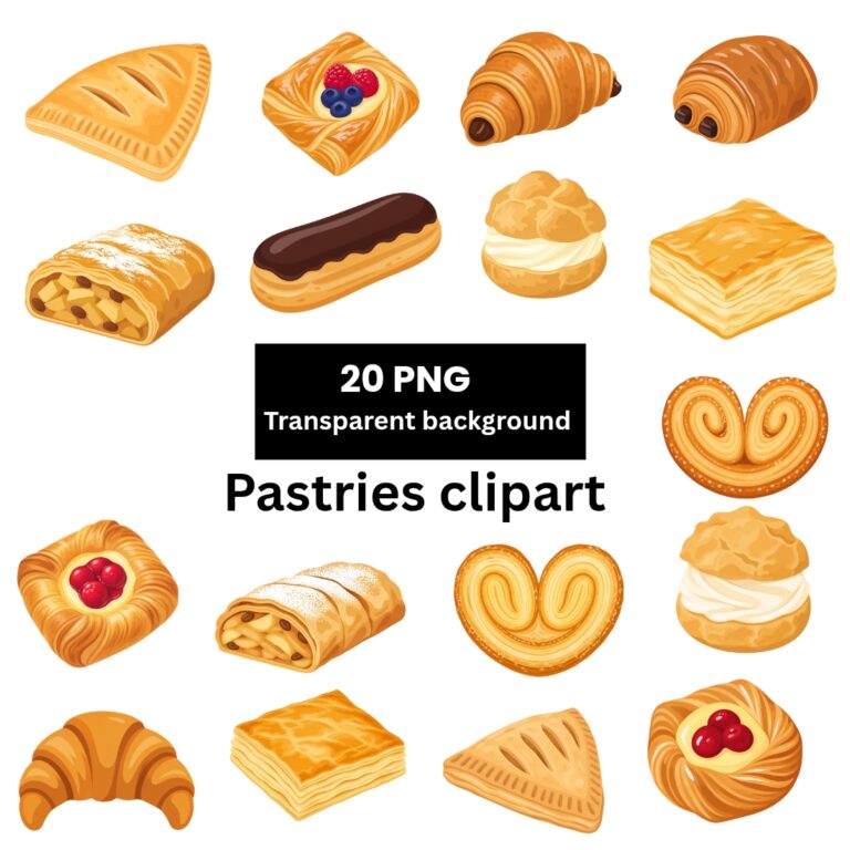 Pastries Clipart Bundle | 20 PNG Bakery Food Illustrations | Croissant, Danish, Eclair Clipart | Transparent Background | Digital Download for Commercial Use cover image.