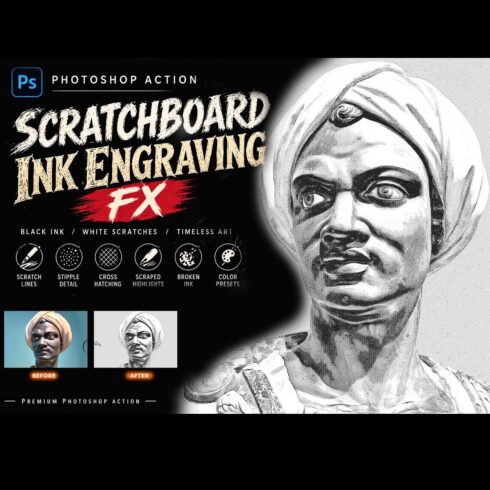 SCRATCHBOARD INK ENGRAVING FX — Photoshop Action cover image.