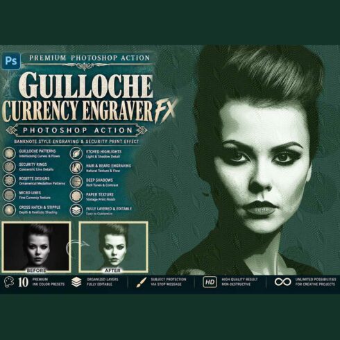Guilloche Currency Engraver FX Photoshop Action cover image.