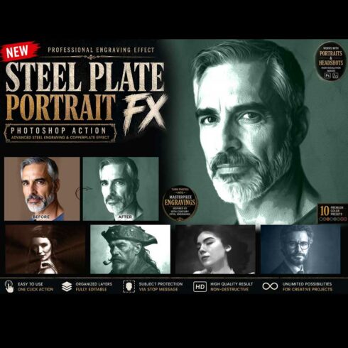 Steel Plate Portrait FX Photoshop Action cover image.