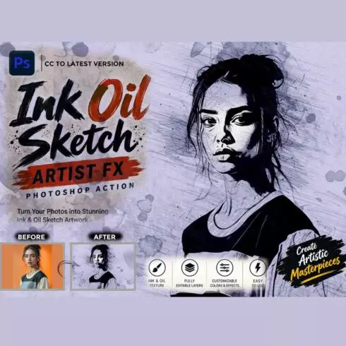 Ink Oil Sketch Artist FX Photoshop Action cover image.