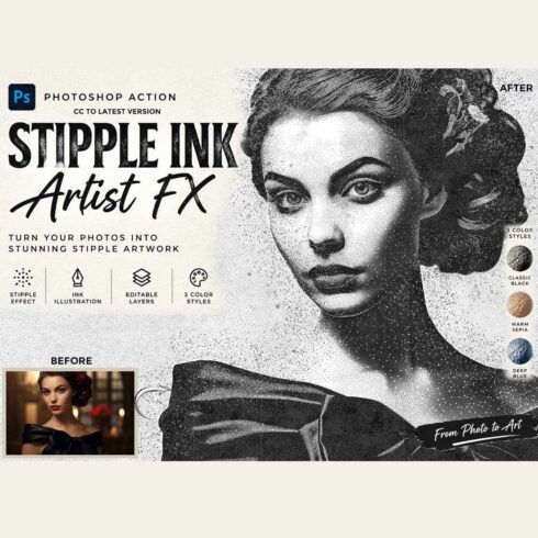 Stipple Ink Artist FX Photoshop Action cover image.