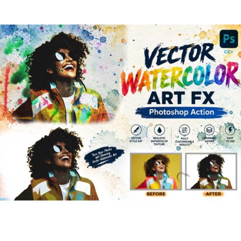 VECTOR WATERCOLOR ART FX Photoshop Action cover image.