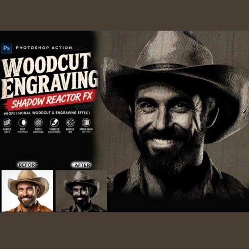 Woodcut Engraving Shadow Reactor FX Photoshop Action cover image.