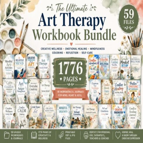 Ultimate Art Therapy Workbook Bundle | 59 Mindfulness Journals & Mental Health Printables (1,770+ Pages) cover image.
