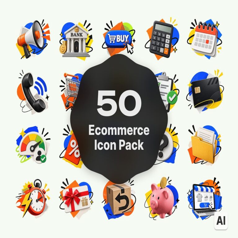 50 Modern E-Commerce 3D Collage Icons - HD PNG Assets for Online Stores & Apps cover image.