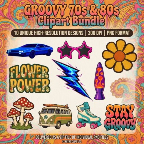 Groovy 70s & 80s Clipart Bundle: 10 High-Res PNG Designs for Retro Projects cover image.
