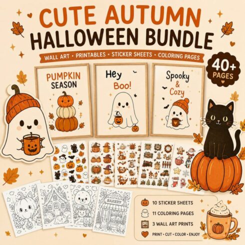 Autumn Halloween Printable Bundle – Wall Art, Coloring Pages, Stickers cover image.