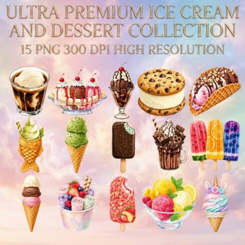 Delicious Dessert Clipart Bundle: 15 High-Res Watercolor Graphics for Sweet Treats & Fall Baking cover image.