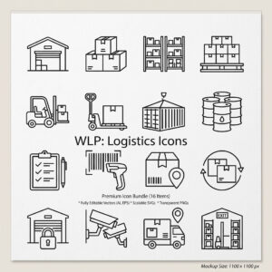 16 Minimalist Logistics, Shipping, and Storage Outline Icons cover image.