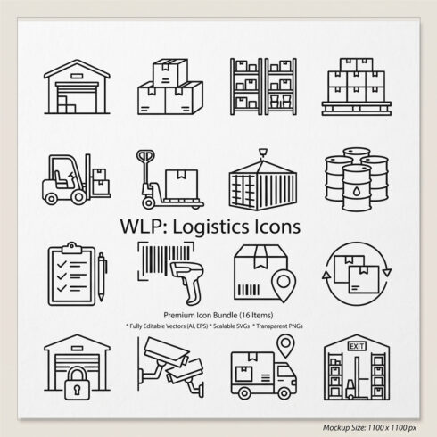 16 Minimalist Logistics, Shipping, and Storage Outline Icons cover image.