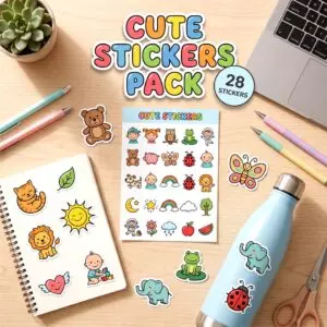 Cute Baby & Animal Doodle Stickers Set – 28 Kawaii Vector Graphics for Planners, Crafts, Merch cover image.