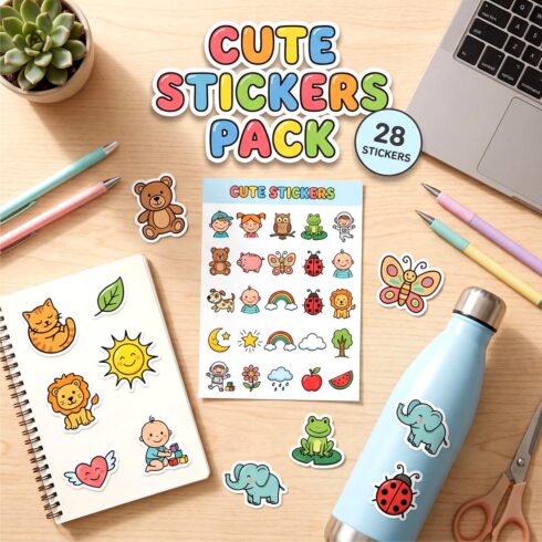 Cute Baby & Animal Doodle Stickers Set – 28 Kawaii Vector Graphics for Planners, Crafts, Merch cover image.
