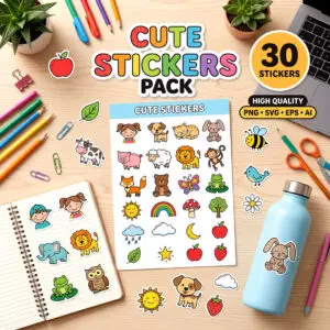 30 Cute Doodles Sticker Pack, Hand Drawn Kids & Animal Clipart Vector Bundle, Printable PNG & SVG cover image.
