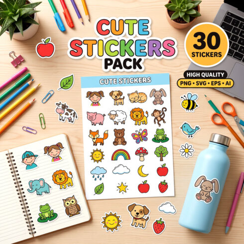 30 Cute Doodles Sticker Pack, Hand Drawn Kids & Animal Clipart Vector Bundle, Printable PNG & SVG cover image.