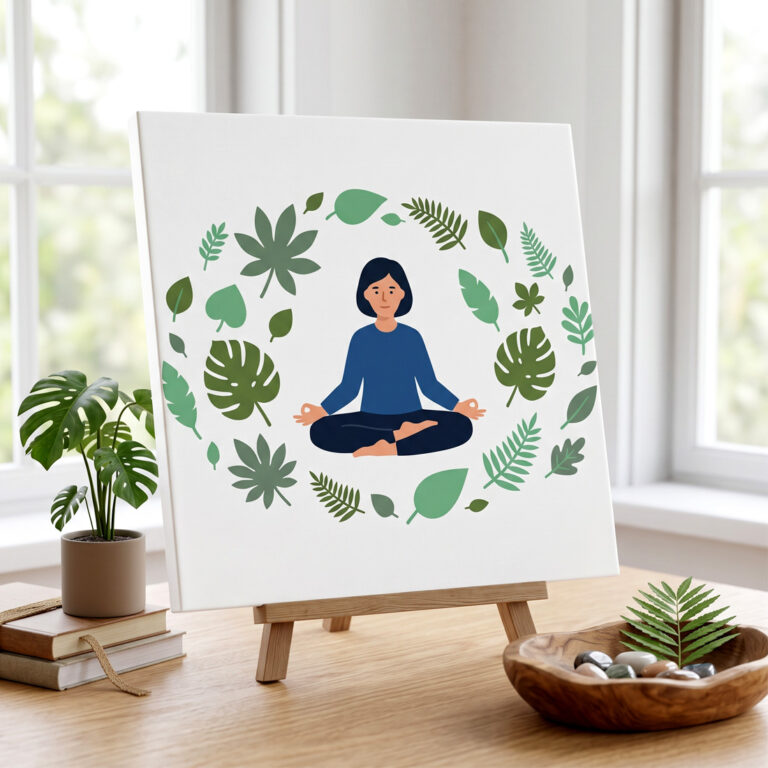 Yoga Meditation and Mindfulness Vector Illustration | Woman Lotus Pose with Botanical Leaves Wreath cover image.
