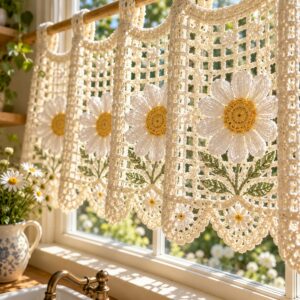 Daisy Bloom Luxury Crochet Café Curtain PDF Pattern | Affordable Floral Lace Window Valance – Special Price $599 cover image.