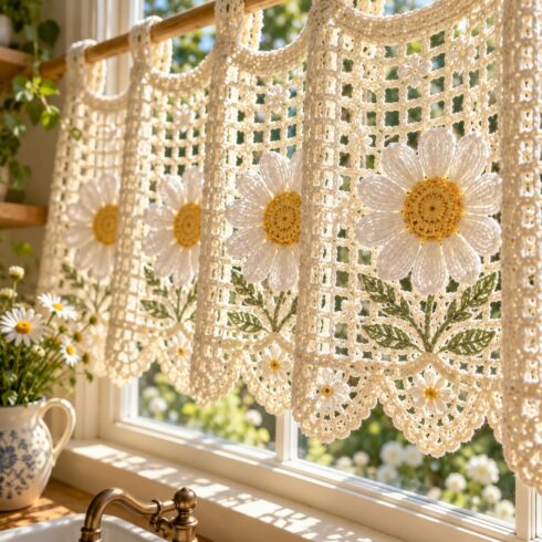 Daisy Bloom Luxury Crochet CafĆ© Curtain PDF Pattern | Affordable Floral Lace Window Valance ā Special Price $599 cover image.