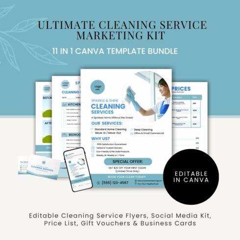 Ultimate Cleaning Service Marketing Kit:11 in 1 canva template bundle cover image.