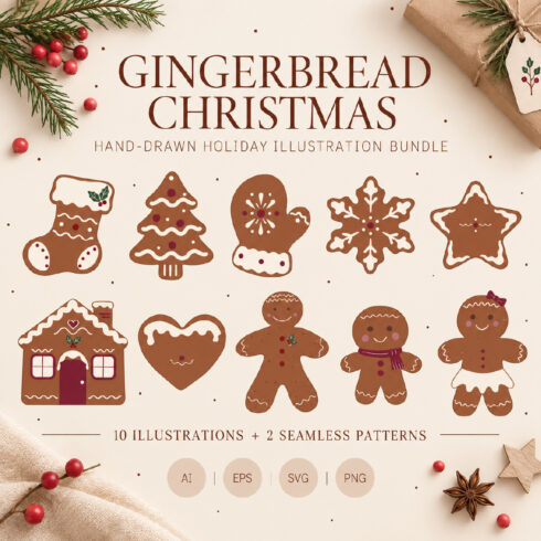 Gingerbread Christmas - Hand-Drawn Holiday Illustration Bundle cover image.