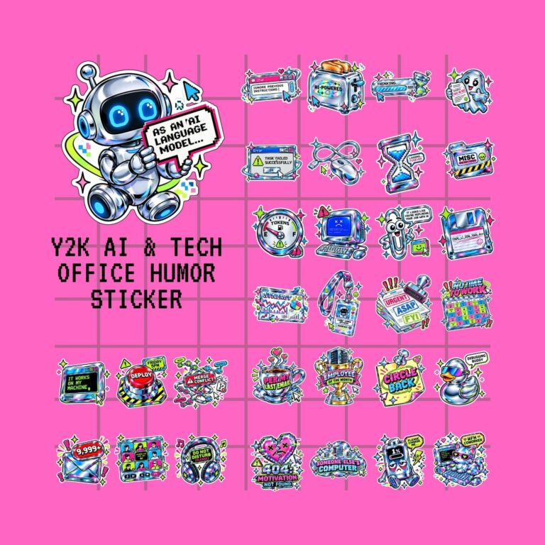 33 Y2K Chrome Pixel Stickers: AI & Tech Office Humor Vector Bundle cover image.