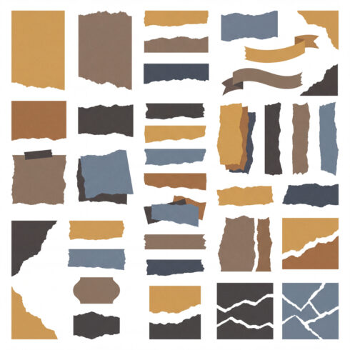 Collection of torn paper strips, ripped edges, and masking tape pieces in earthy colors cover image.