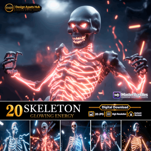 SKELETON GLOWING ENERGY: Futuristic Cybernetic Bones and Neon Sparks Digital Backgrounds cover image.
