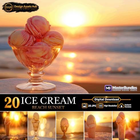 ICE CREAM BEACH SUNSET AND SUMMER DESSERT BACKGROUNDS cover image.