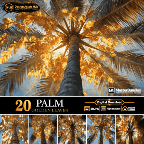 Golden Palm Leaves Digital Backgrounds - 20 High-Resolution Luxury Tropical Art Files for Creative Designs cover image.