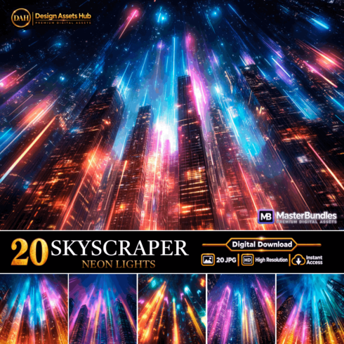 SKYSCRAPER NEON LIGHTS: Futuristic Cyberpunk Towers and Neon Light Trails Digital Backgrounds cover image.