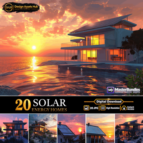 Solar Energy Homes Digital Bundle: 20 High-Resolution Renewable Power and Modern Architecture Graphics cover image.