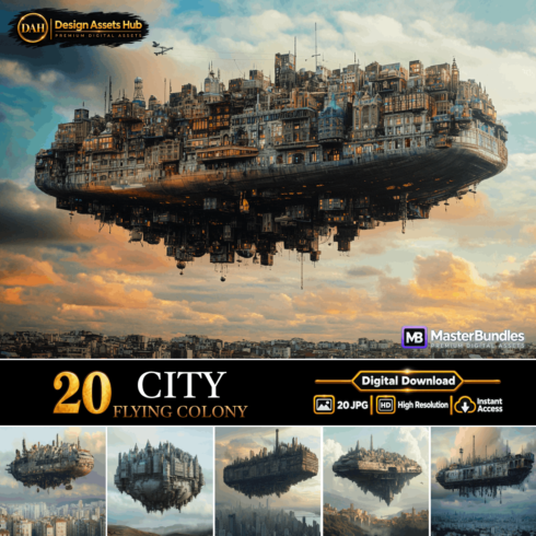 FLYING CITY AIRSHIP COLONY: 20 High-Resolution Steampunk Sky Islands and Floating Metropolis Backgrounds cover image.