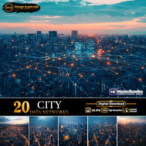 City Data Networks Digital Backgrounds - 20 High-Resolution Luminous Smart City Art Files for Creative Designs cover image.
