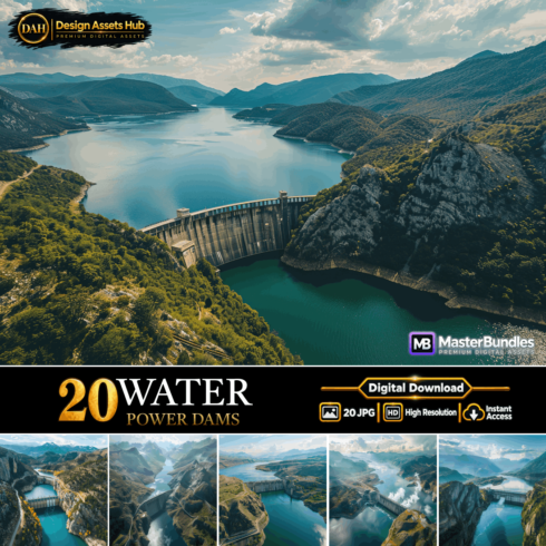 Water Power Dams Digital Bundle: 20 High-Resolution Hydroelectric Energy and Mountain Reservoir Graphics cover image.