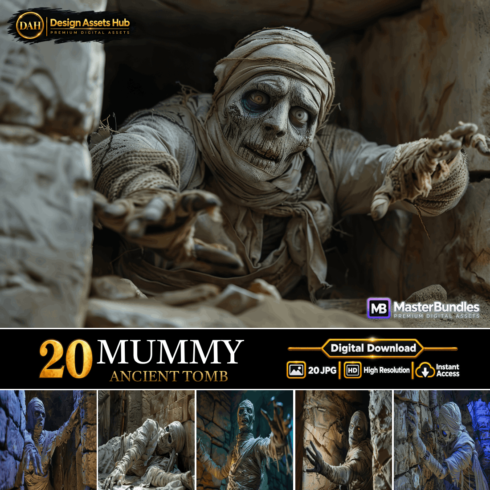 Mummy Ancient Tomb Digital Bundle, 20 High-Resolution Horror Graphics and Crypt Monster Assets cover image.