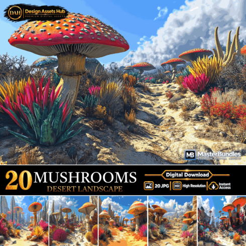MUSHROOMS DESERT LANDSCAPE, Surreal Alien Desert and Fantasy Mycology Digital Backgrounds cover image.