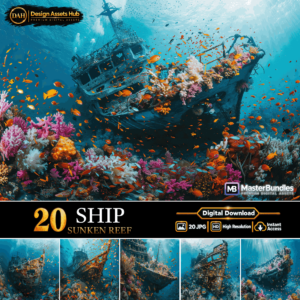 SHIP SUNKEN REEF, Underwater Shipwreck and Coral Reef Digital Backgrounds cover image.