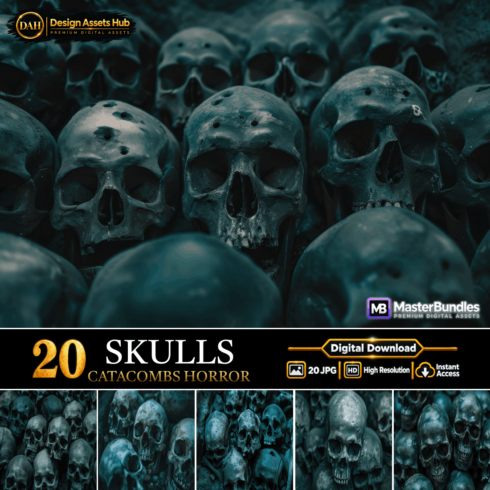 Skulls Catacomb Horror Digital Backgrounds - 20 High-Resolution Dark Fantasy and Macabre Crypt Art Files cover image.