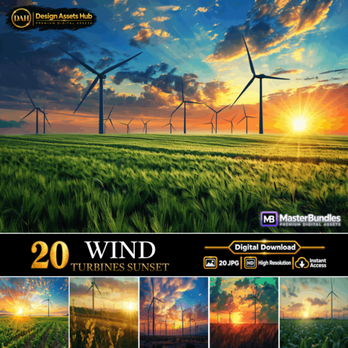Wind Turbines Sunset Digital Bundle: 20 High-Resolution Renewable Energy Graphics and Eco Power Assets cover image.