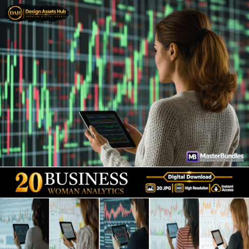 BUSINESS WOMAN ANALYTICS: Financial Market Analysis and Trading Dashboard Digital Backgrounds cover image.